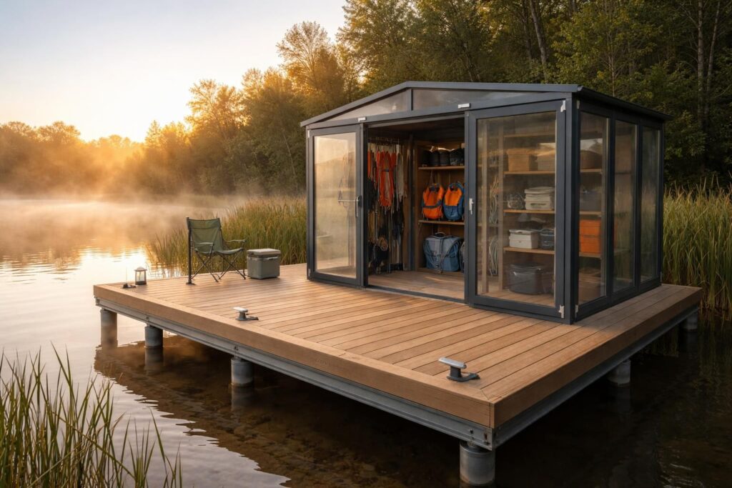 découvrez comment aménager un ponton de pêche robuste et esthétique avec un plancher composite fiberon, complété par un abri protégé pour votre matériel nautique, alliant durabilité et praticité.