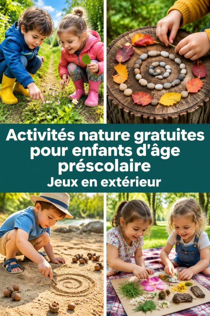 Un groupe d'enfants jouant dans une clairière en pleine nature, utilisant des matériaux naturels.