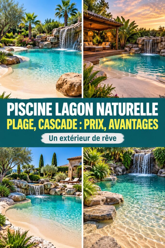 Une vue d'un jardin avec une piscine lagon naturelle et une plage de sable fin, idéale pour la détente en famille.