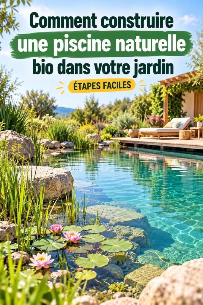 Une piscine naturelle bio entourée de verdure dans un jardin paisible.