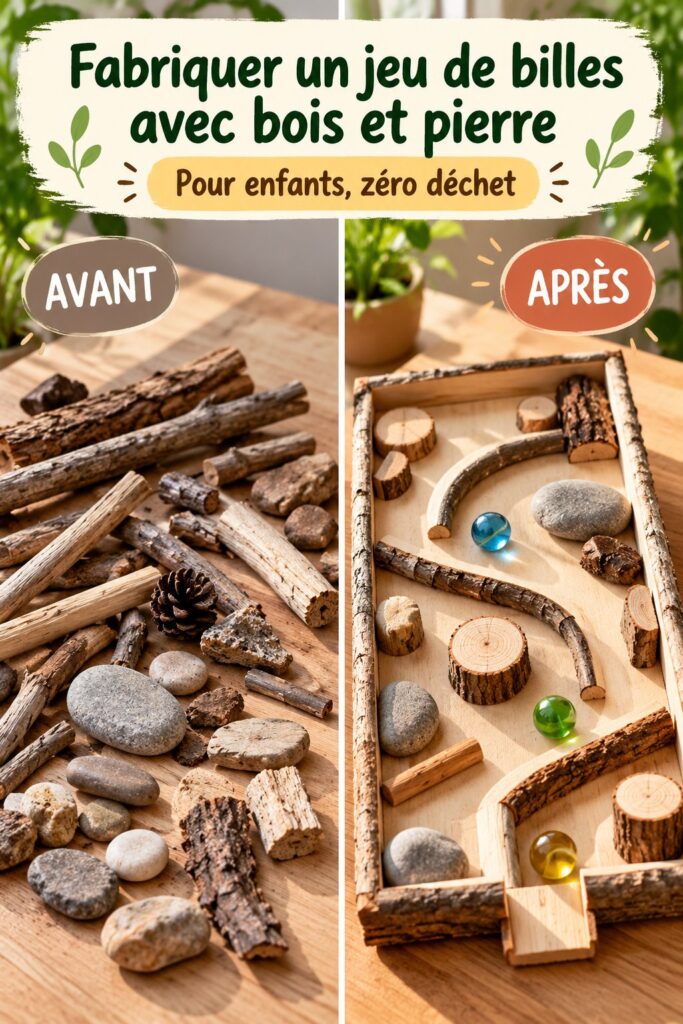 Parcours à billes en bois et pierres à côté d'un jardin