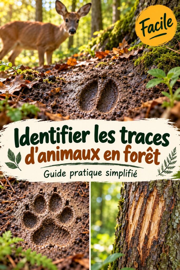 Visuel montrant des empreintes d'animaux dans une forêt verdoyante.