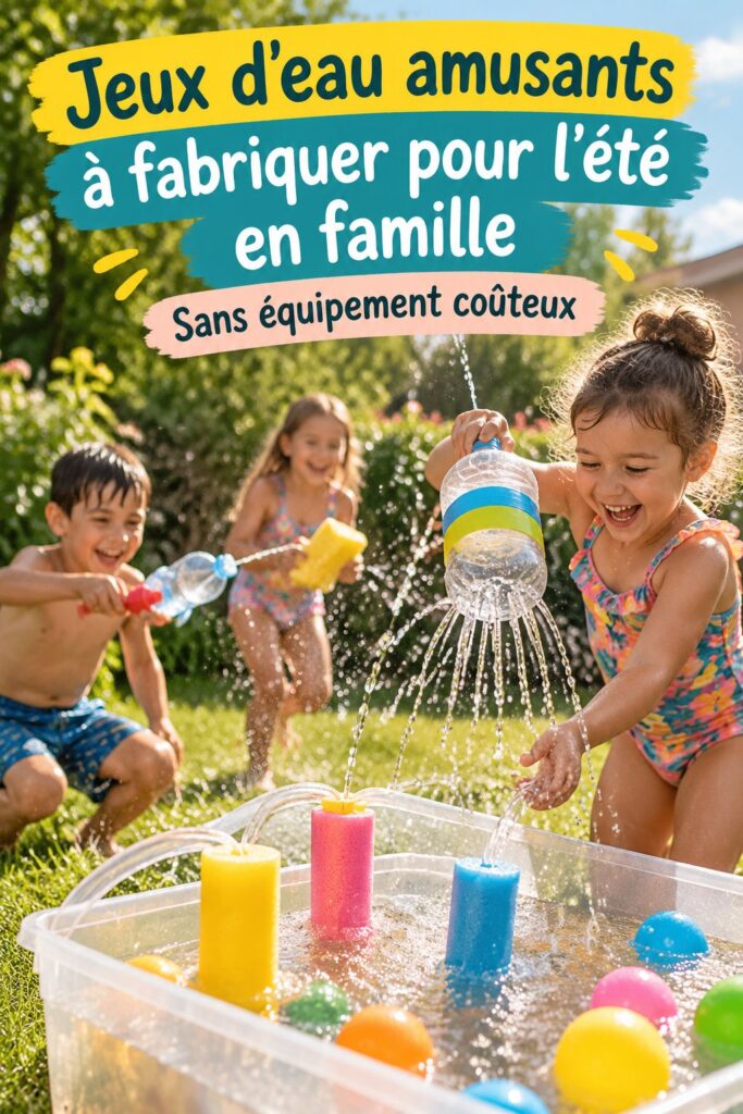 Un enfant s'amusant avec un jeu d'eau fabriqué au jardin.