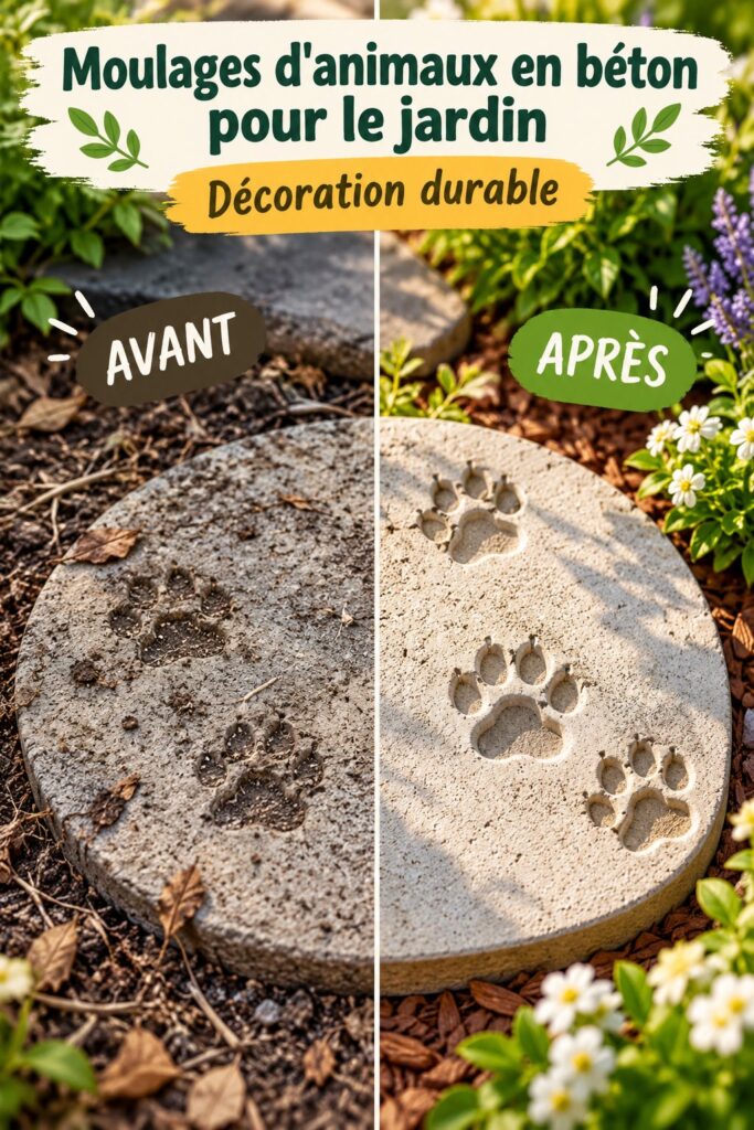 Moulage d'empreintes d'animaux en béton dans un jardin.
