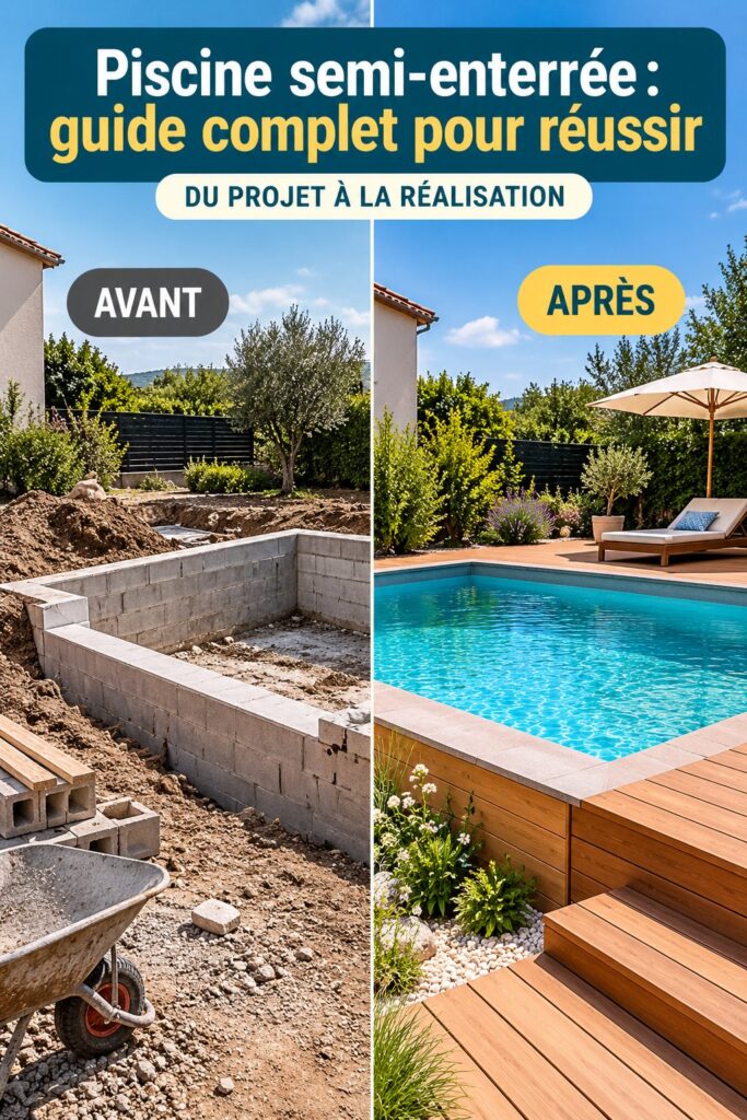 Une piscine semi-enterrée entourée de verdure dans un jardin