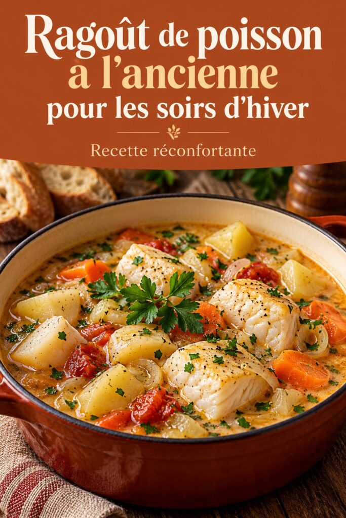 Ragoût de poisson fumant dans une grande casserole, prêt à être servi.