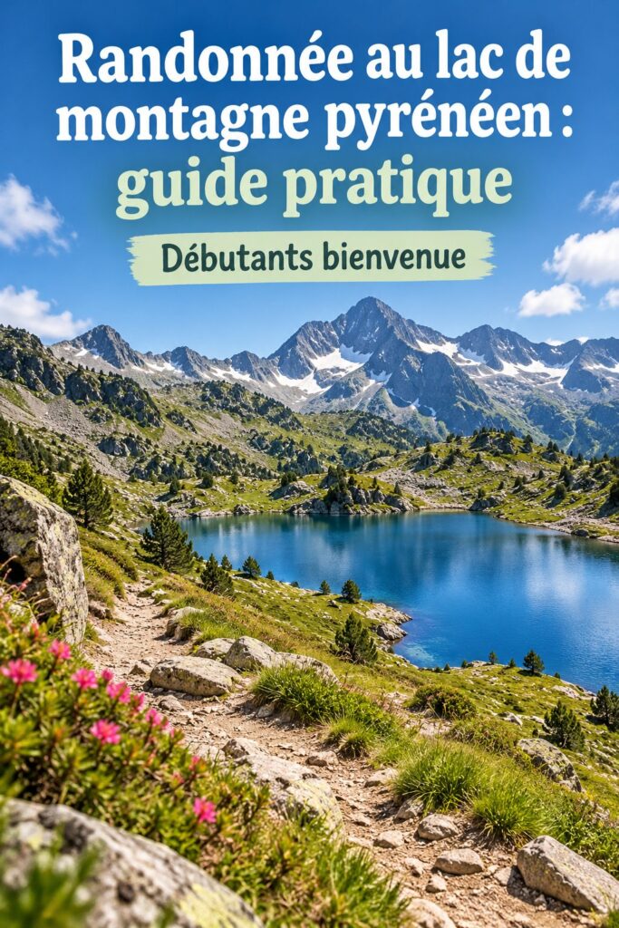 Randonnée le long d'un lac de montagne dans les Pyrénées, entouré de majestueuses montagnes vertes.
