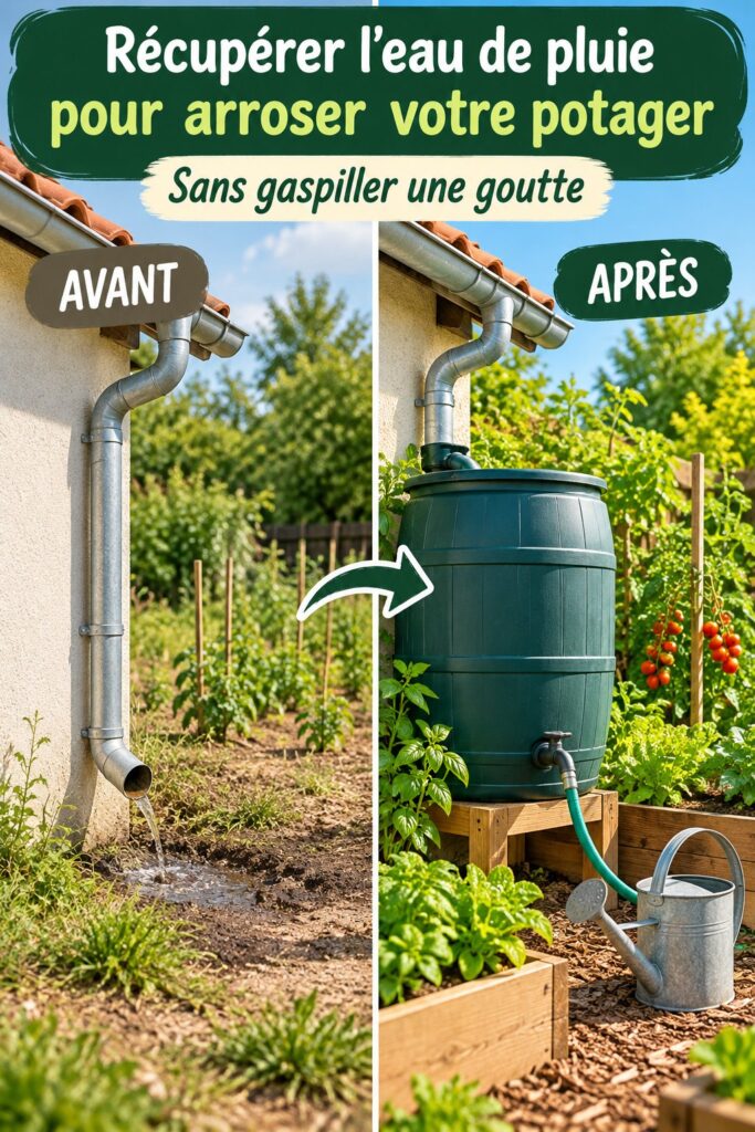 Un système de récupération d'eau de pluie installé dans un jardin, prêt à arroser le potager.