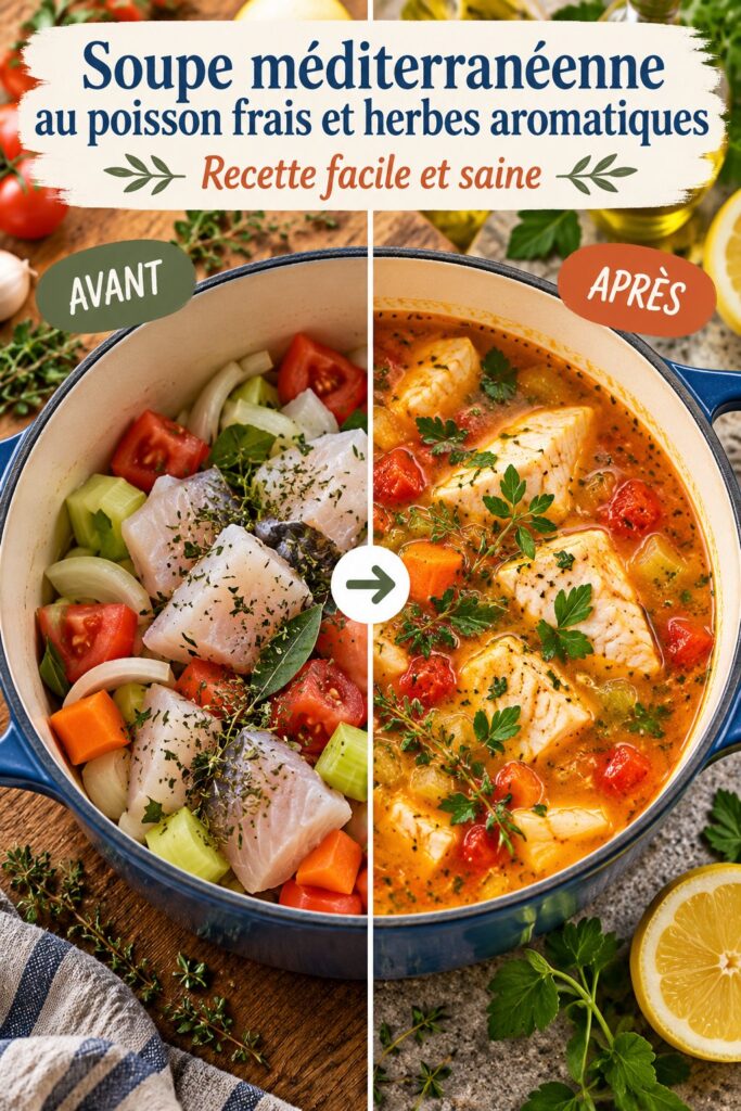 Soupe méditerranéenne au poisson frais garnie d'herbes aromatiques délicates.